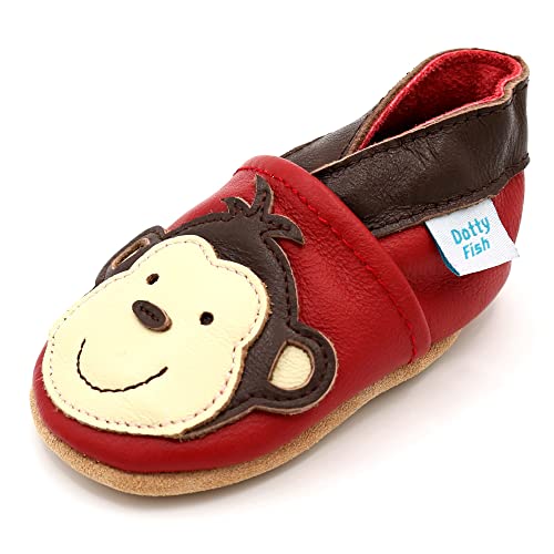 Dotty Fish Miękkie skórzane buty dziecięce ze zwierzętami unisex – dziecięce buty dziecięce, Czerwona Bezczelna Małpa, 12-18 månader