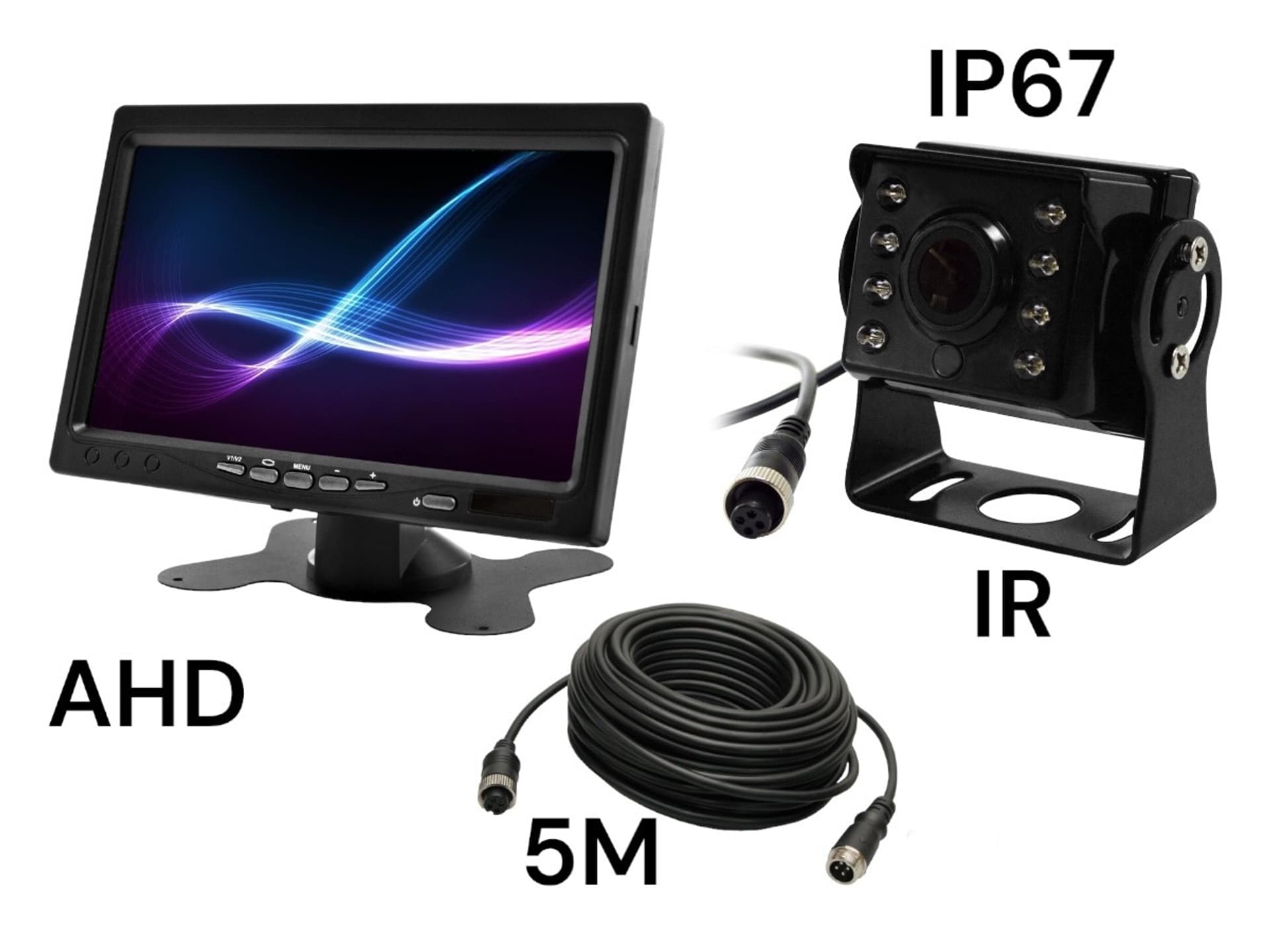 Monitor samochodowy LCD 7 cali 12/24V kabel 5M oraz kamera cofania 4pin zestaw AHD