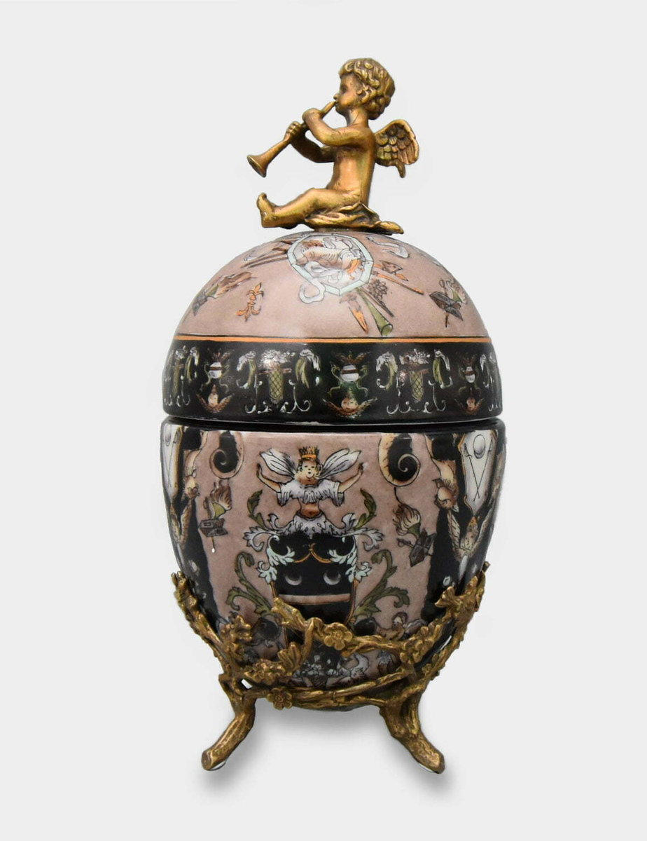 Porcelanowa Szkatułka Jajo ala Faberge z Aniołkiem Czarna