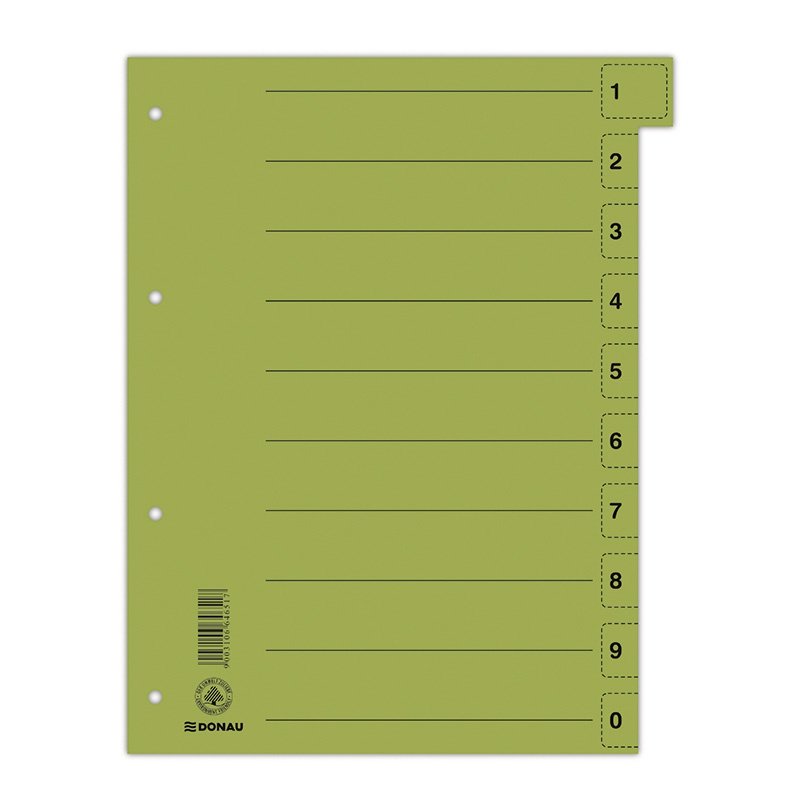 Donau Przekładka karton, A4, 235x300mm, 0-9, 1 karta z perforacją, zielona 8611001-06