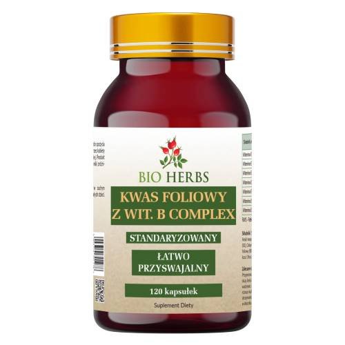 Bio Herbs, Kwas Foliowy 600µg 300% Z Wit. B Complex, 120 kaps.