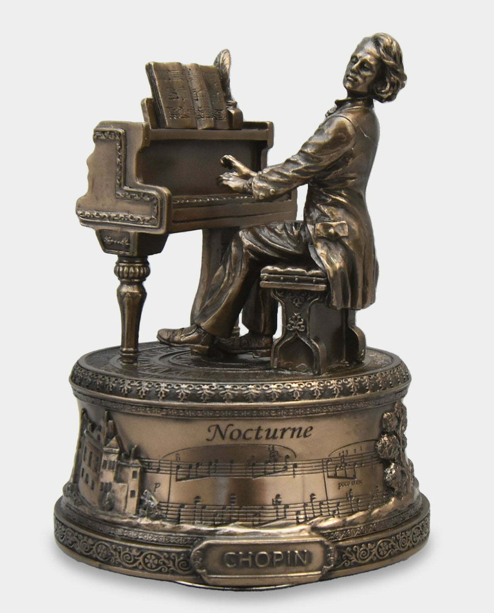 Fryderyk Chopin Grający na Fortepianie Statuetka z Pozytywką