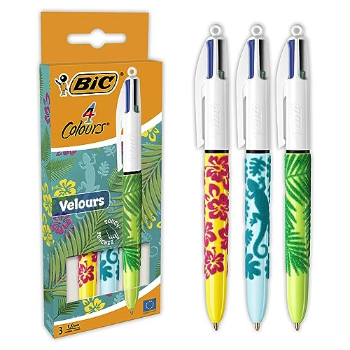 Bic 4 kolory, welurowe długopisy kulkowe, średnia końcówka (1,0 mm), różne wzory beczek, 3 sztuki, czarne
