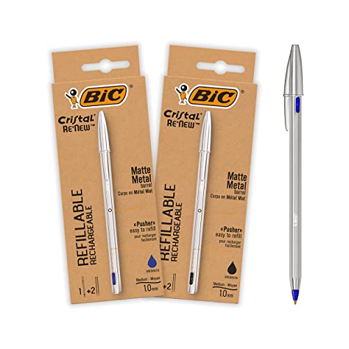 BIC Cristal Re'New Premium długopis kulkowy do wielokrotnego napełniania, w kolorze czarnym i niebieskim, 2 sztuki w zestawie z 2 wkładami w każdym kolorze