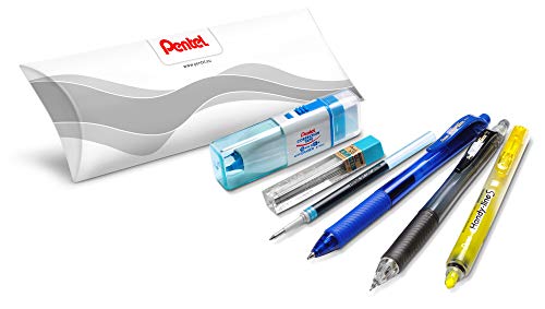 Pentel - Zestaw 6 sztuk niebieskich wysuwanych długopisów żelowych, 1 niebieski wkład, 1 x żółty wysuwany zakreślacz, 1 x piórnik 12 min HB, 1 duet gumowy korektor