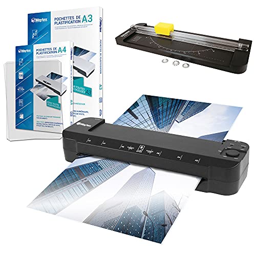 Waytex Laminator A3, A4, A5, A6, A7 Pro, do 2 x 150 mikronów, regulowana temperatura do użytku profesjonalnego, opakowanie z 100 kopertami A4 + 100 kopert A3 + 1 kółko