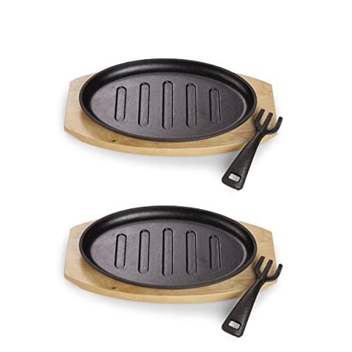 ECHTWERK żeliwna patelnia do serwowania z paskami do grillowania i deską do serwowania, zdejmowany uchwyt, już zapieczona, nadaje się do piekarników, grilli, grillów i indukcji, 27 x Ø 17,5 cm, 2 szt.