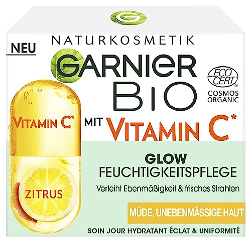 Garnier Krem na dzień z witaminą C dla promiennej cery, orzeźwiający i ujędrniający krem nawilżający przeciwko zmęczonej i nierównej skórze, Bio Glow, 50 ml