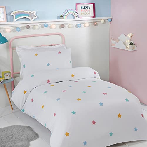Sleepdown Pikowane gwiazdy 3D, białe, wielokolorowe, dla dzieci, chłopców, dziewcząt, dzieci, miękka, przytulna, łatwa w pielęgnacji, zestaw pościeli z pasującymi poszewkami na poduszki, podwójna (200