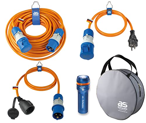as - Schwabe 5-częściowy zestaw kempingowy: przedłużacz 25 m, 2 kable adapterów 1,5 m, ze wskaźnikiem napięcia Powerlight 1 latarka LED XT1 i 1 etui ochronne, wyprodukowane w Niemczech 19706
