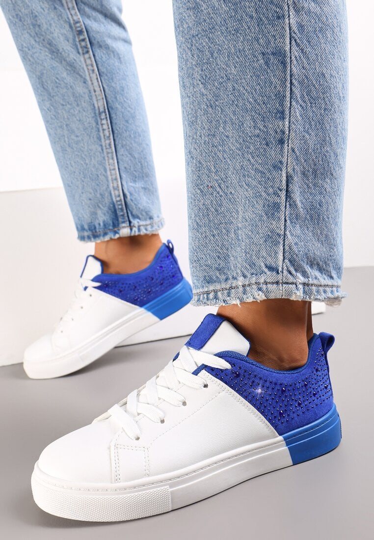 Biało-Niebieskie Buty Sportowe Sznurowane na Płaskiej Grubszej Podeszwie z Cyrkoniami Hanuel