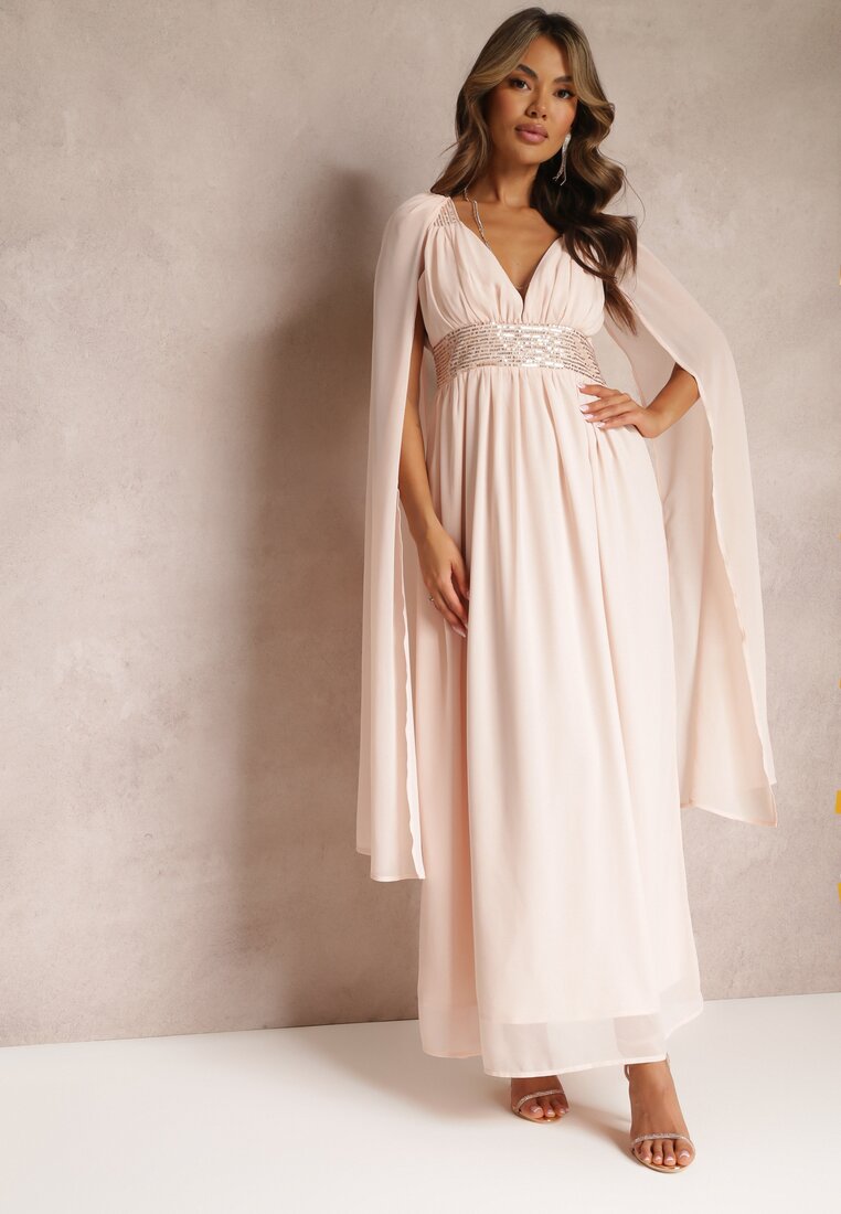 Różowa Maxi Sukienka o Rozkloszowanym Fasonie Ozdobiona Cekinami na Szerokich Ramiączkach Nedilva