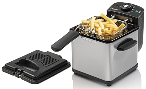 Bestron Frytkownica olejowa do 1 porcji frytek, ryb lub nuggetów z technologią zimnej strefy i regulacją temperatury do 190°C, koszem ze stali nierdzewnej, okienkiem i filtrem oleju, kolor srebrny