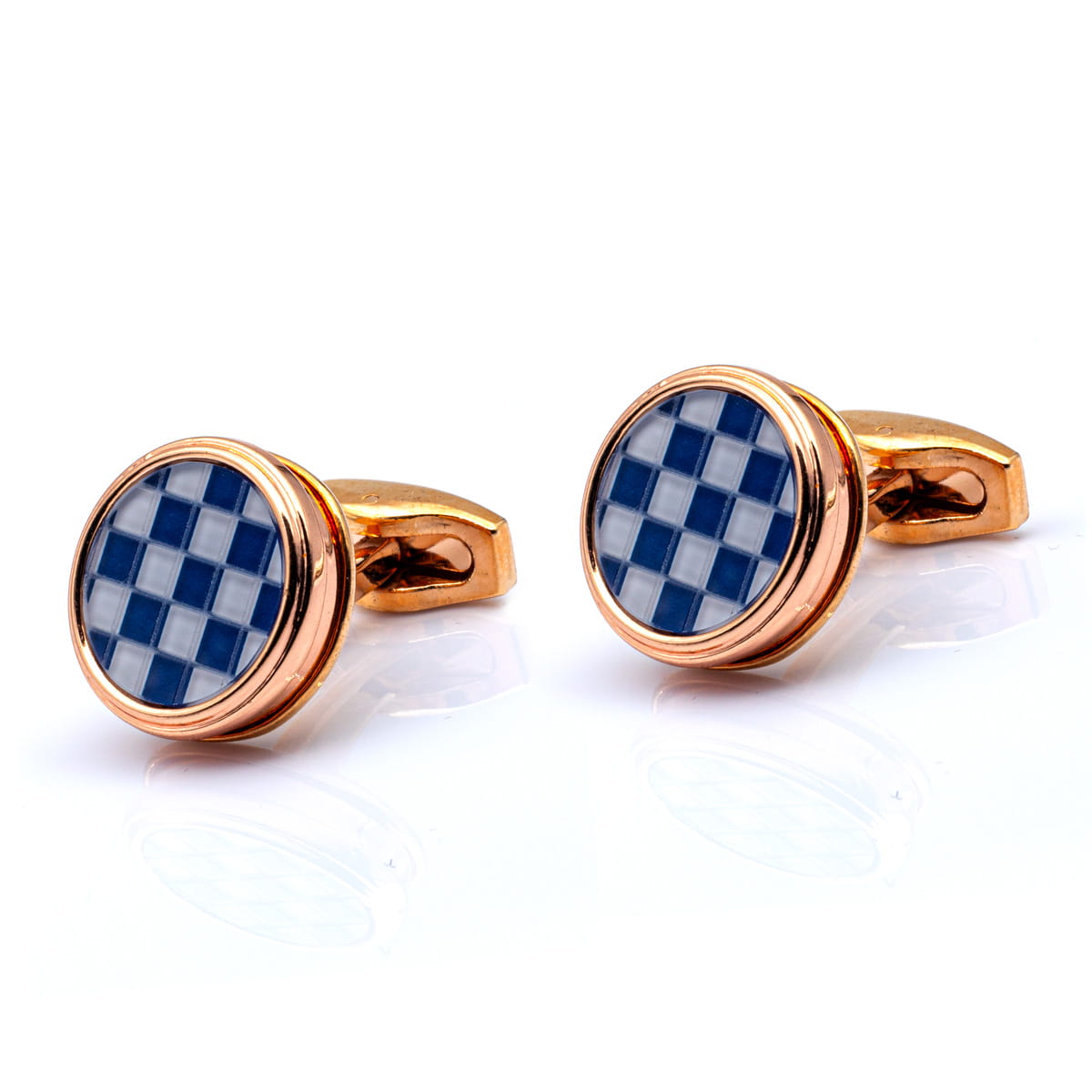 Spinki do mankietów klasyczne złote okrągłe w niebieską szachownicę EM - EM Men's Accessories