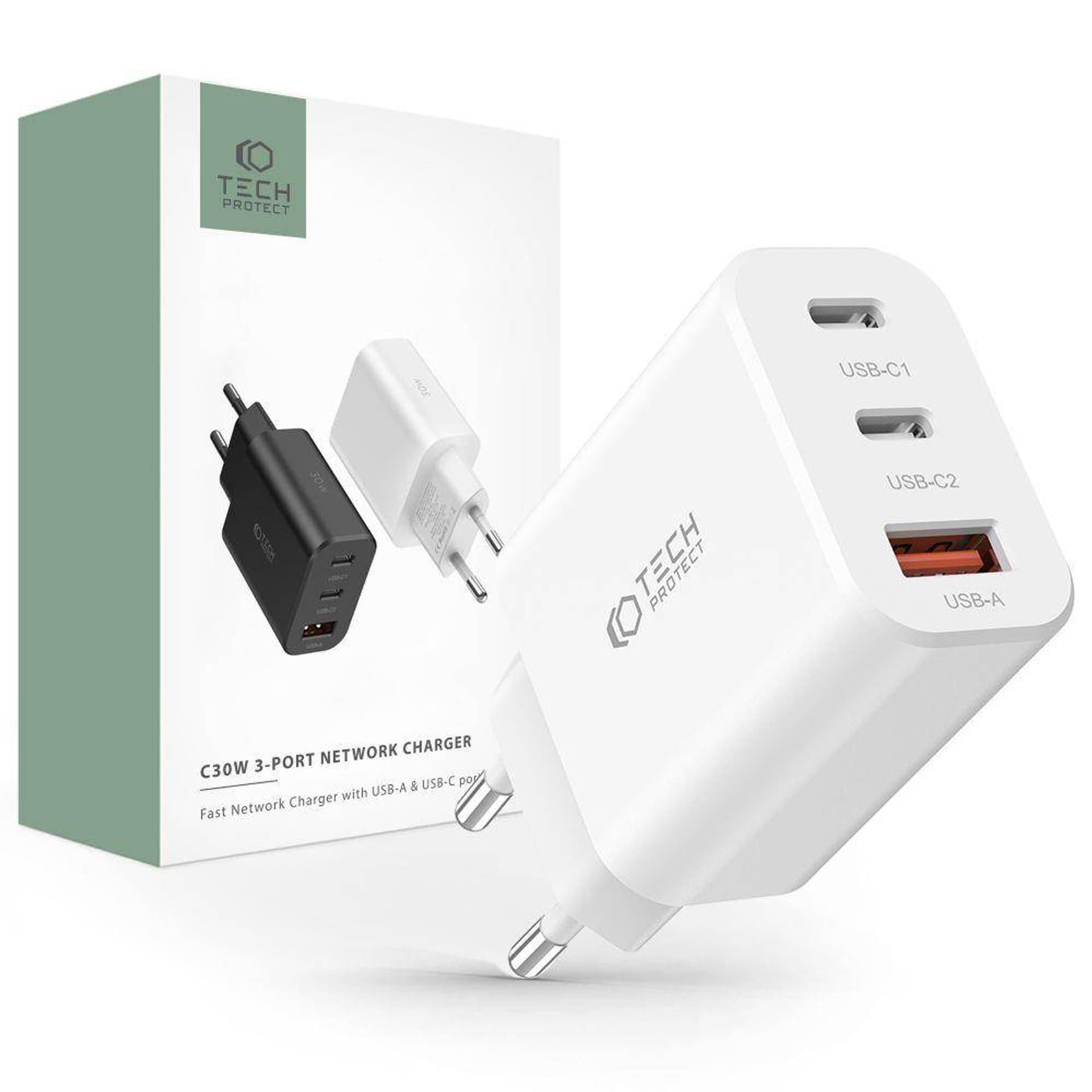 Ładowarka Sieciowa 30W 2x PD USB-C + QC3.0 USB Tech-Protect C30W biała