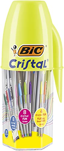 BIC Cristal Megatubo, zestaw kolorowych długopisów Cristal Original (końcówka 1 mm), Cristal Fun i Fluo (końcówka 1.6mm), Pa szkolne i domowe, pomysł na prezent, 20 sztuk