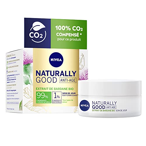 NIVEA NATURALLY GOOD Przeciwstarzeniowa pielęgnacja na dzień z ekstraktem z łopianu słoik (1 x 50 ml), nawilżający krem do twarzy 24 godziny