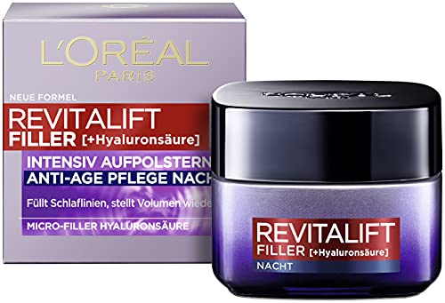 L'Oréal Paris Hyaluron Przeciwstarzeniowy krem do twarzy na noc z mikrowłóknącym kwasem hialuronowym na wilgoć i przeciwzmarszczkowy, Revitalift Filler, 1 x 50 ml