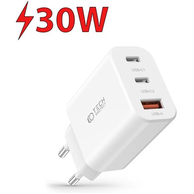 Ładowarka Sieciowa 30W 2x PD USB-C + QC3.0 USB Tech-Protect C30W biała