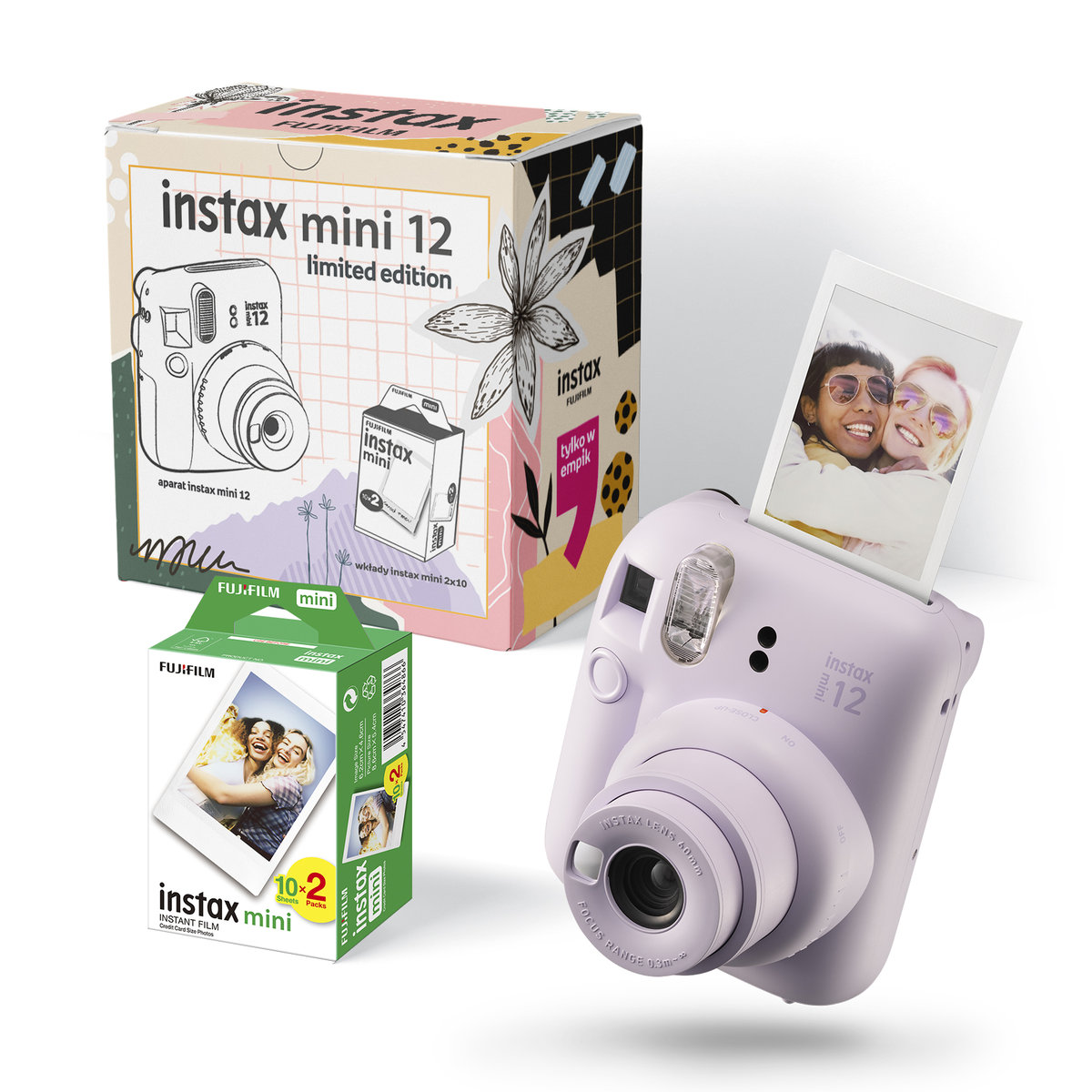 Instax-Fujifilm Zestaw: Aparat Do Fotografii Natychmiastowej Mini 12 Fioletowy+ Wkłady 20 Szt