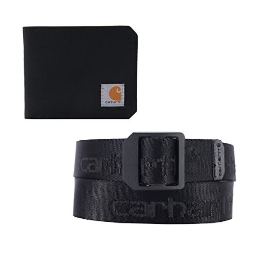 Carhartt Męskie passcase, trwałe portfele dwuskładane, dostępne w stylu skóry i płótna, zestaw prezentowy portfel i pasek (czarny portfel, czarny rozmiar średni pasek), jeden rozmiar