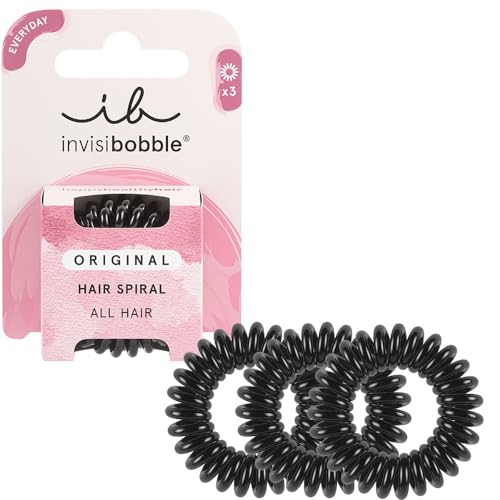 Invisibobble czarne spiralne gumki do włosów True Black Original x3 - Gumka do włosów przeciwzmarszczkowych - Czarne gumki do włosów dla kobiet