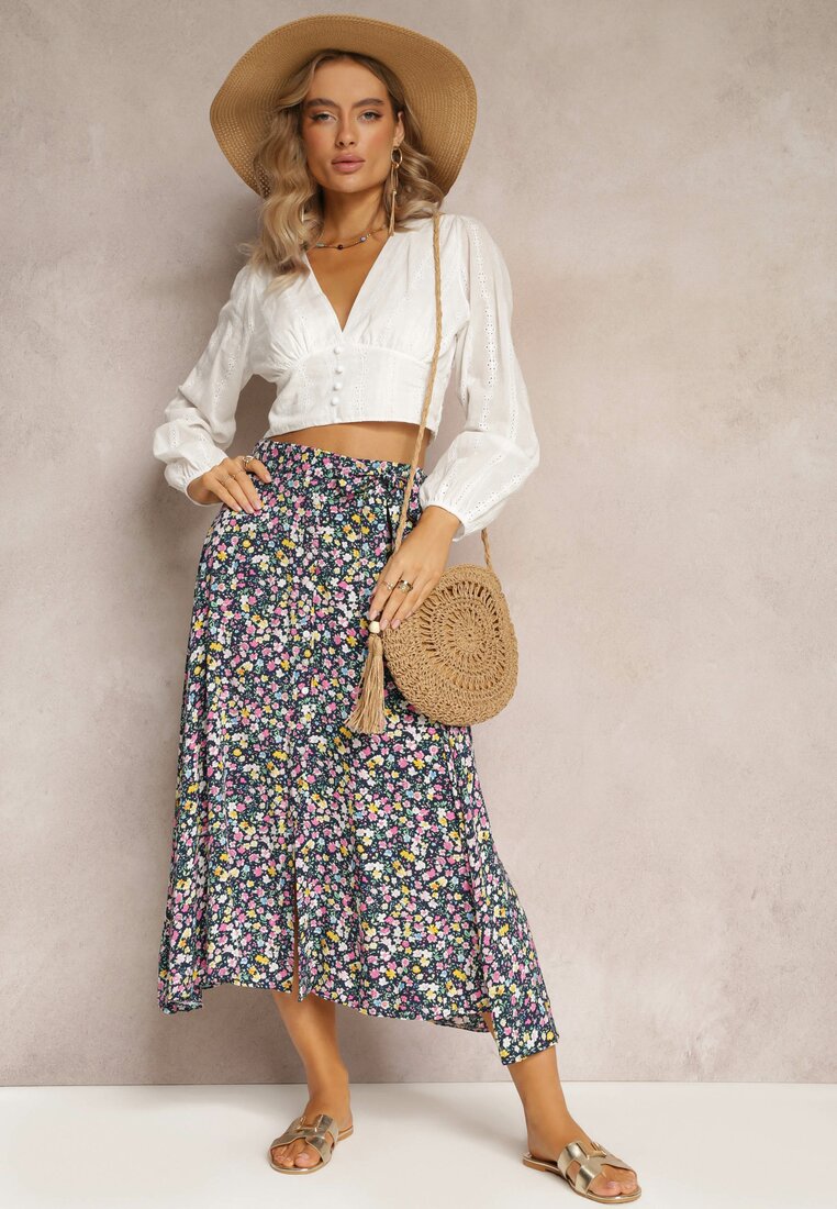 Granatowa Wiskozowa Rozkloszowana Spódnica Zapinana na Guziki z Materiałowym Paskiem Oheva