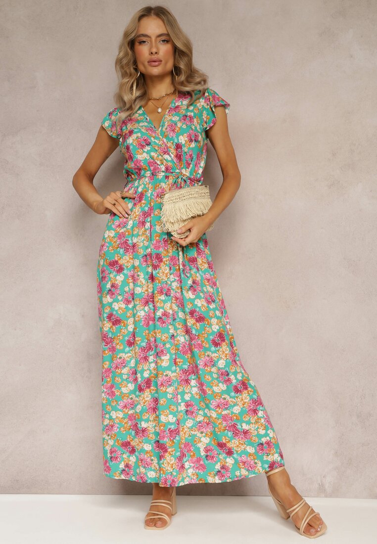 Zielona Rozkloszowana Sukienka z Wiskozy w Kwiaty z Gumką w Talii Omella