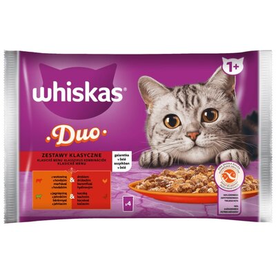 Whiskas Zestawy Klasyczne - mokra karma dla dorosłego kota, w galaretce (kawałki z: wołowiną i drobiem, jagnięciną i kaczką) 4 x 85 g