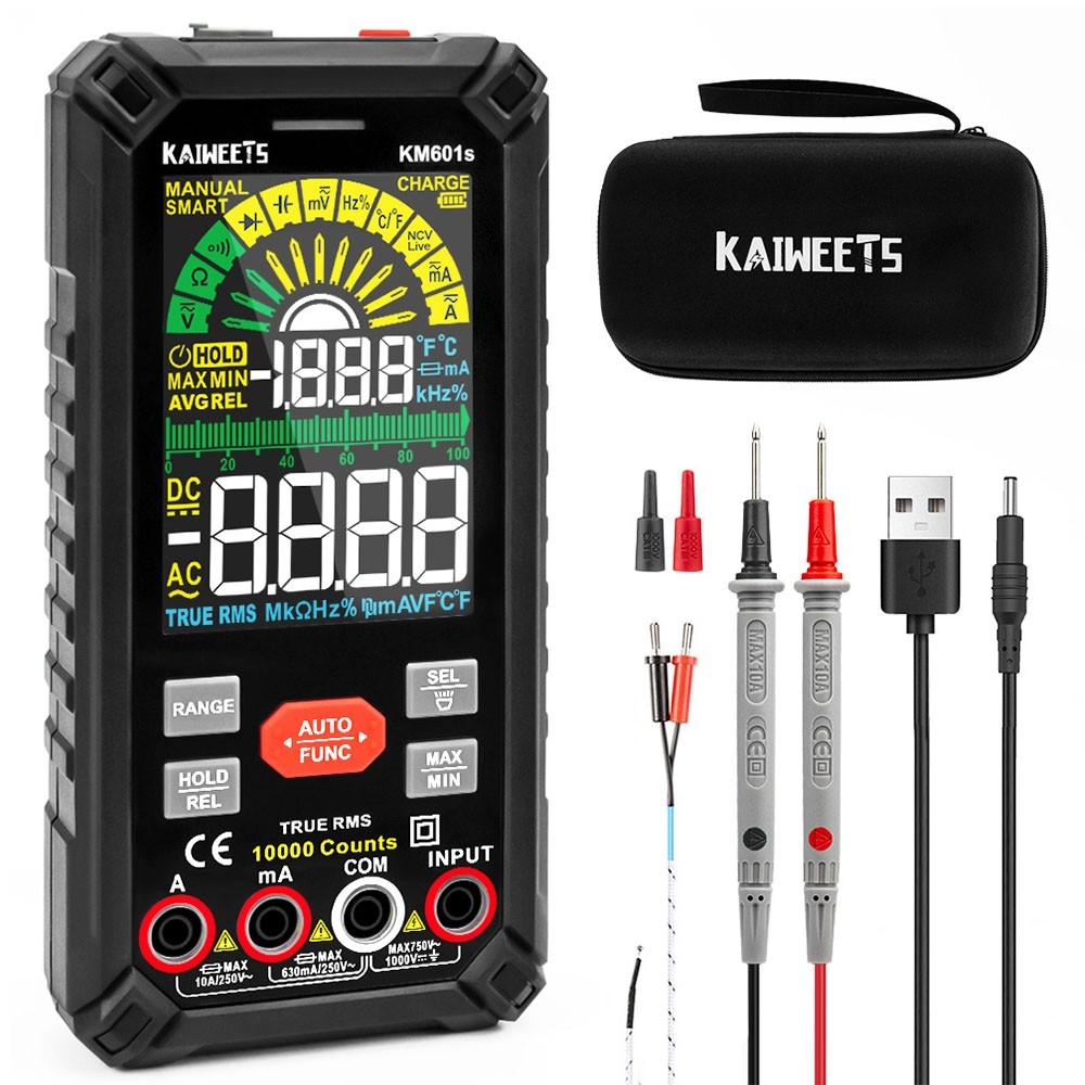 KAIWEETS KM601S Digital Multimeter 10000 Counts True-RMS Meter Smart Mode Manual Mode Flashlight - Black