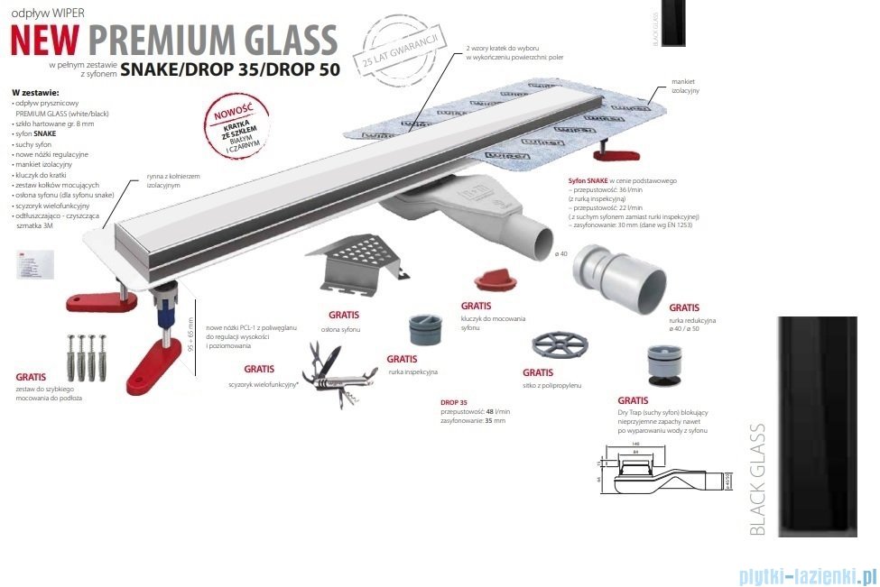 Wiper New Premium Black Glass Odpływ liniowy z kołnierzem 90 cm poler syfon snake 500.0383.01.090 |