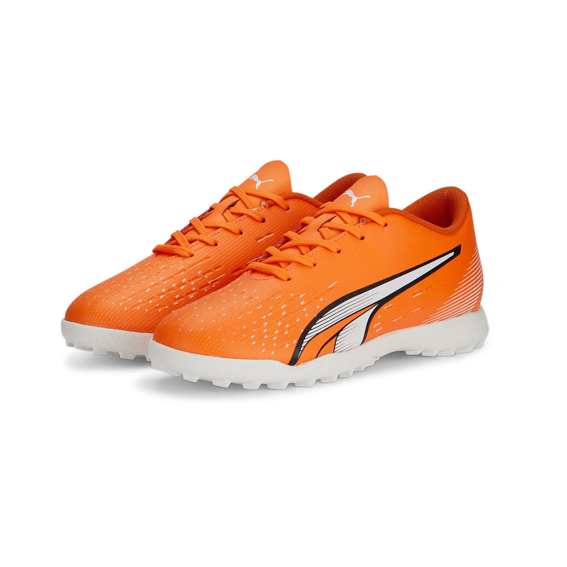 PUMA Unisex dziecięce buty piłkarskie Ultra Play Tt Jr, Ultra pomarańczowy Puma biały niebieski błyszczący, 38 EU