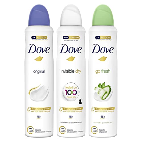 Dove Pack 48-godzinny oryginalny dezodorant w sprayu i zielonej herbaty, bezalkoholowy spray dla kobiet, 100% naturalny olej odżywczy i 1/4 krem nawilżający, opakowanie 3 x 250 ml