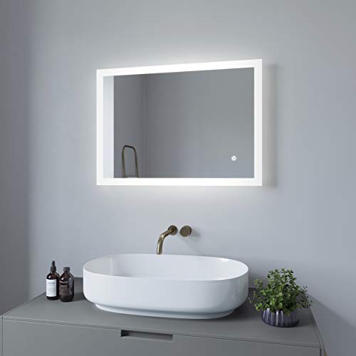 AQUABATOS® Lustro łazienkowe z oświetleniem, 70 x 50 cm, lustro łazienkowe, podświetlane lustro dotykowe, odporne na zaparowanie, zimna biel, 6400 K, możliwość ściemniania, ochrona przed parowaniem