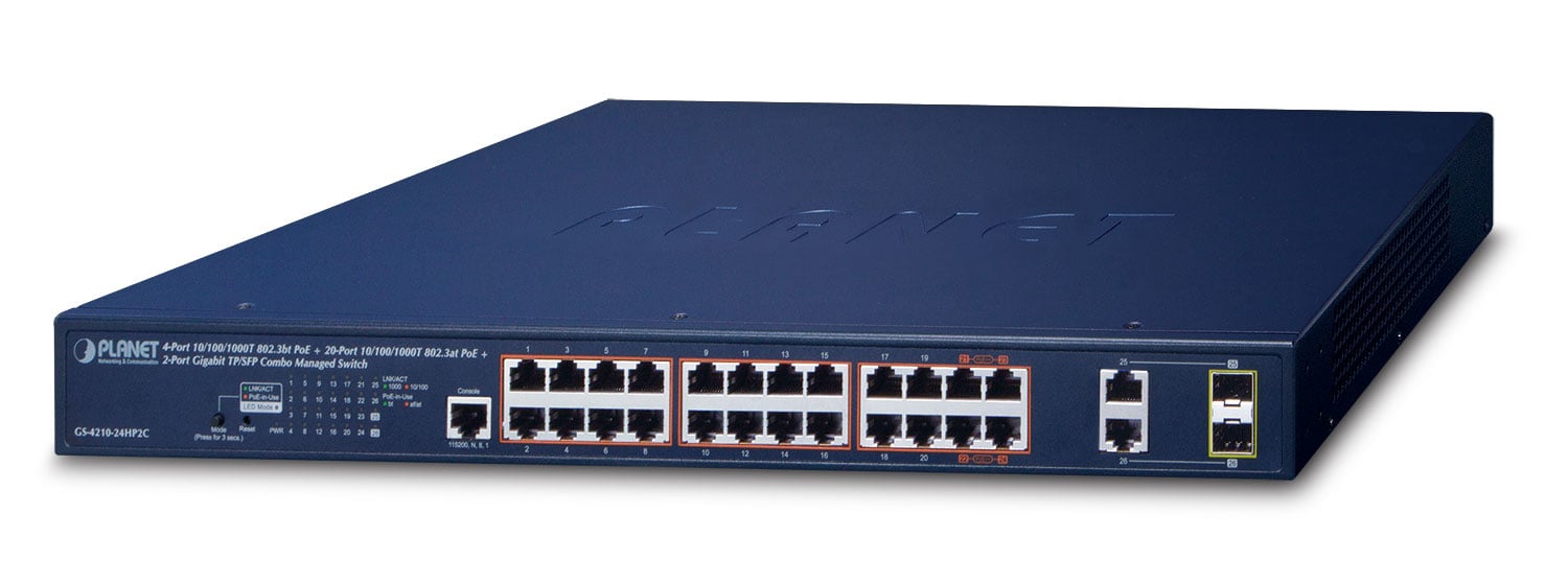 Planet 4-Port GE 802.3bt + 20-Port GE 802.3at + 2P GS-4210-24HP2C