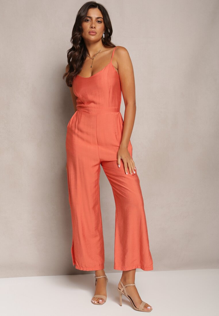 Pomarańczowy Długi Kombinezon z Szerokimi Nogawkami na Cienkich Ramiączkach Jemanne