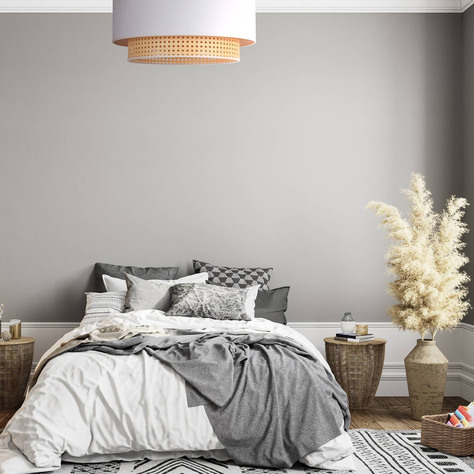 Duolla Lampa sufitowa Boho, Ø 60 cm, kremowo-biała/rattan