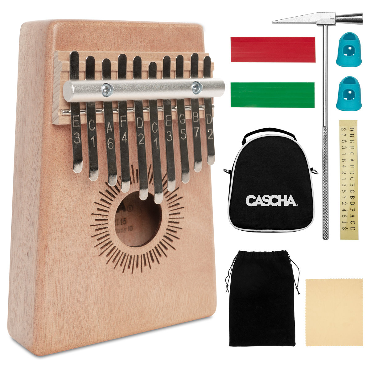 CASCHA CASCHA Kalimba 10 kluczy, mahoń, fortepian na kciuki z etui, torba do przenoszenia, ściereczka do czyszczenia, młotek do strojenia, naklejki na klucze, nasadki na kciuki, instrument perkusyjny HH 2145 HH 2145