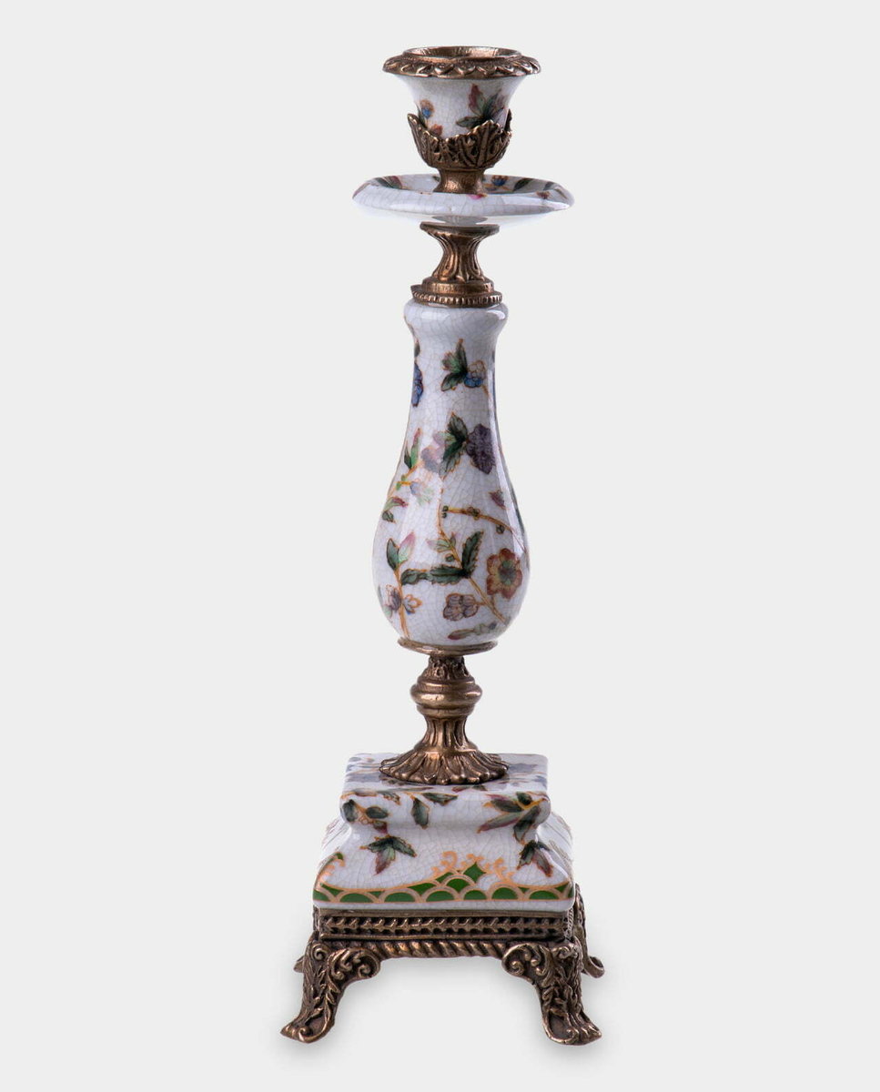 Porcelanowy Świecznik Pojedynczy z Kwiatami Biały