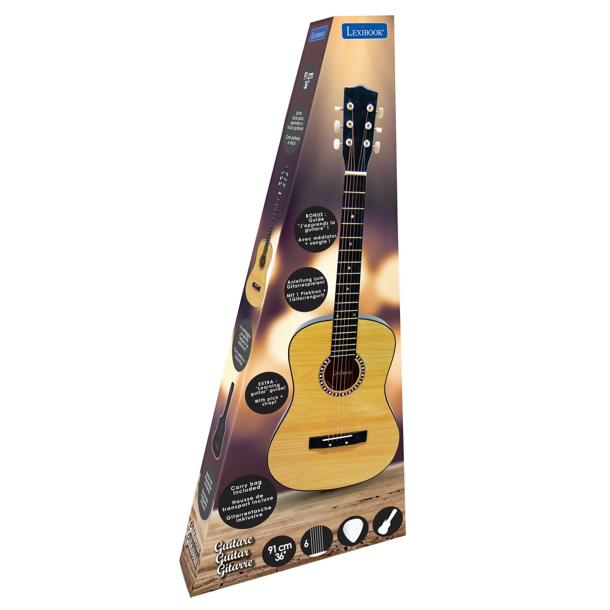 LEXIBOOK Lexibook K2200 drewniana gitara akustyczna, 91 cm, przewodnik naukowy, 6 strun nylonowych, torba do noszenia, drewno, czarna K2200