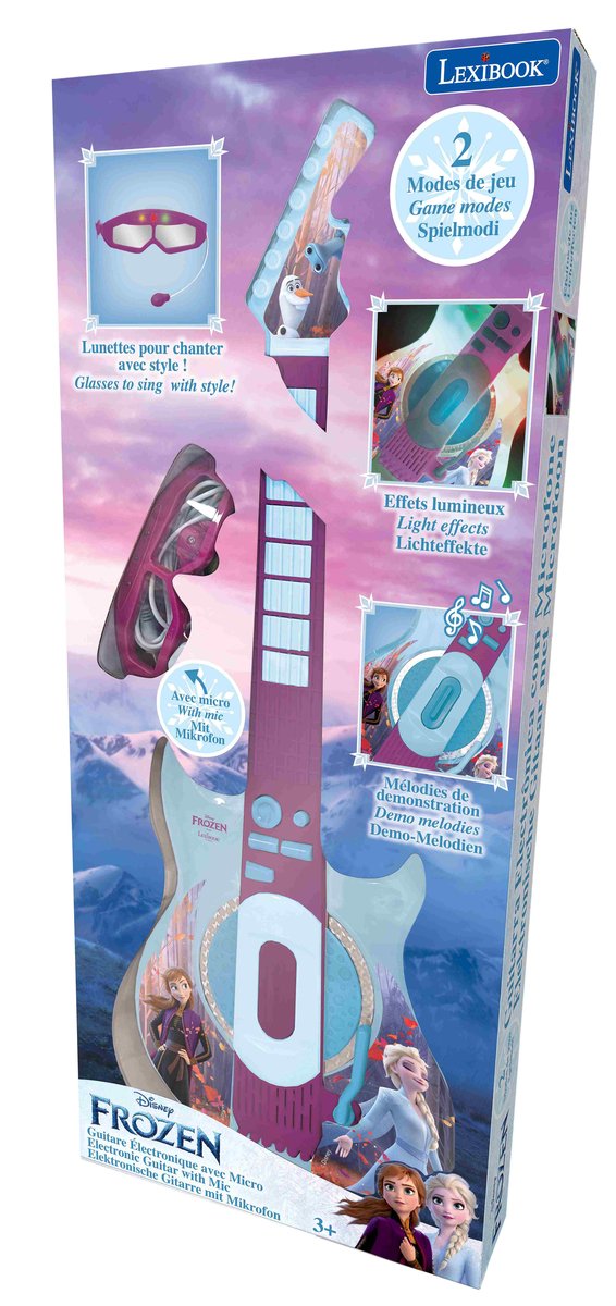Lexibook Disney Frozen Elsa Anna Elektroniczne oświetlenie gitara z mikrofonem. okulary z mikrofonem. utwory demo. 2 tryby gry. wtyczka MP3. niebieski/fioletowy. K260FZ