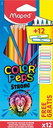 Maped - Ergonomiczne kredki kolorowe, kolorowe kredki COLOR'PEPS STRONG – 12 długopisów + 12 naklejek na nazwy
