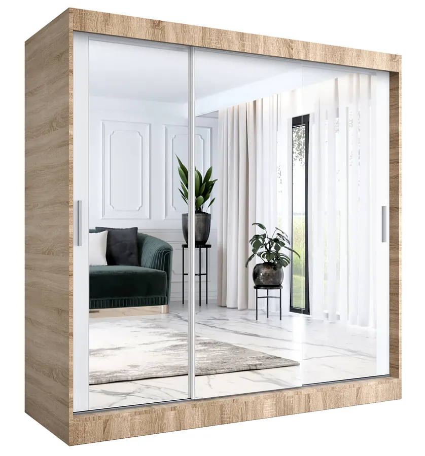 Szafa Przesuwna Biały Z Lustrem Dąb Sonoma + 200 Cm 90 Cm K8-D05