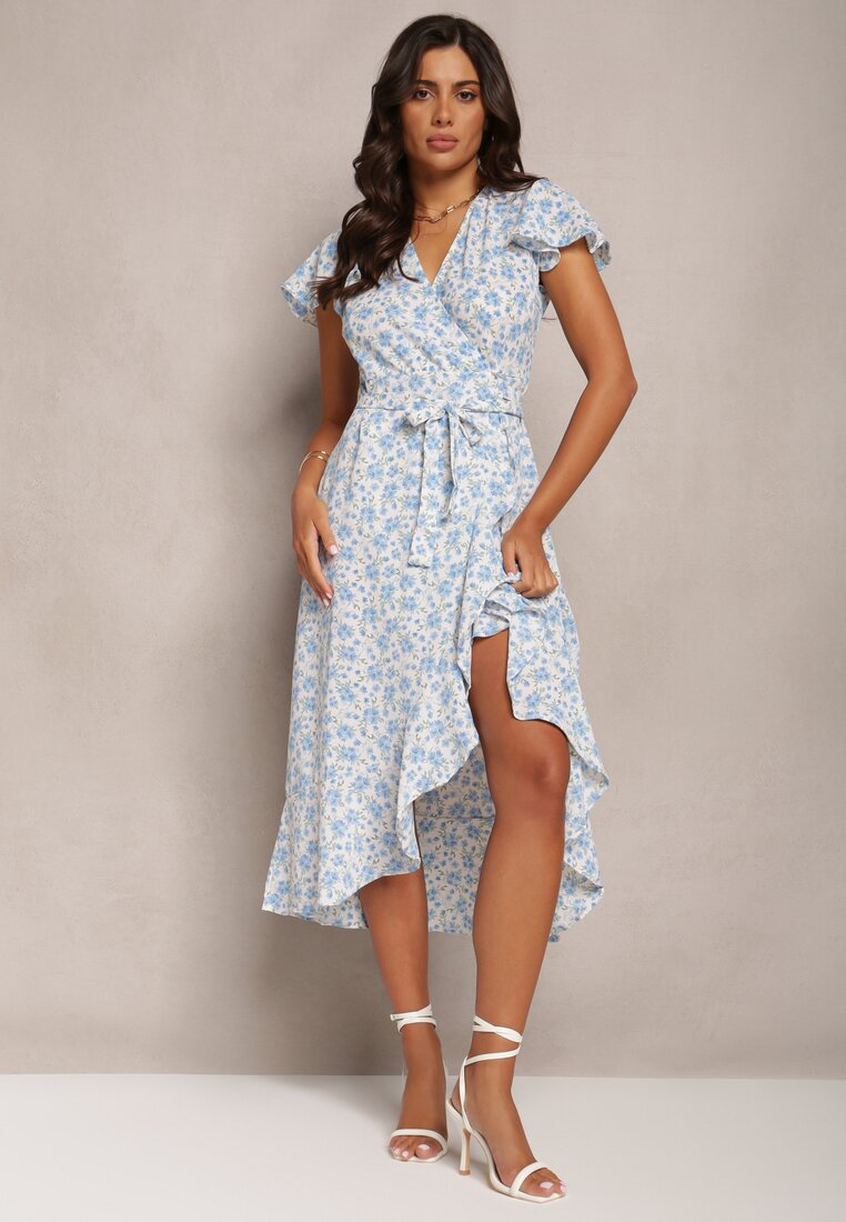Niebieska Kopertowa Sukienka w Kwiaty Wakena