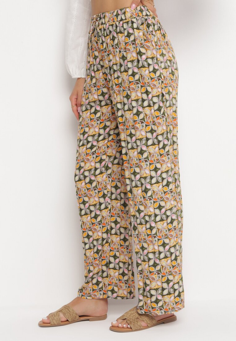 Jasnozielone Szerokie Spodnie z Gumką w Pasie i Kieszeniami z Wiskozy Keiord