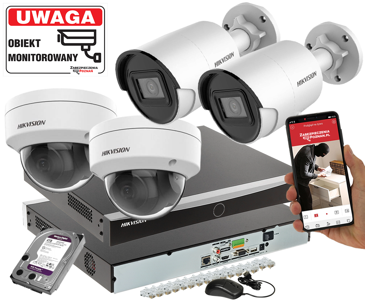 Hikvision Zestaw monitoringu 4 kamery  DS-2CD2043G2-I/DS-2CD2143G2-I Pełna Analityka Acusense 4Mpx + Switch PoE