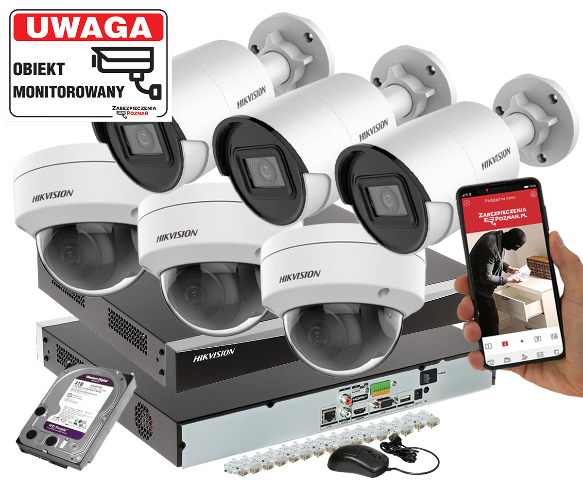 Zestaw monitoringu domu 6 kamer HIKVISION DS-2CD2043G2-I/DS-2CD2143G2-I Pełna Analityka Acusense 4Mpx + Switch PoE