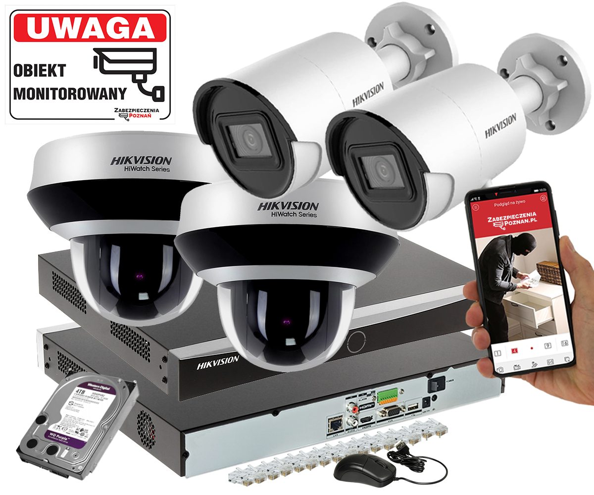 Hikvision Monitoring domu 4 kamery  2x DS-2CD2043G2-I PeÅ‚na Analityka Acusense 2x HWP-N2404IH-DE3 Obrotowa PTZ Zoom 4Mpx + Switch PoE