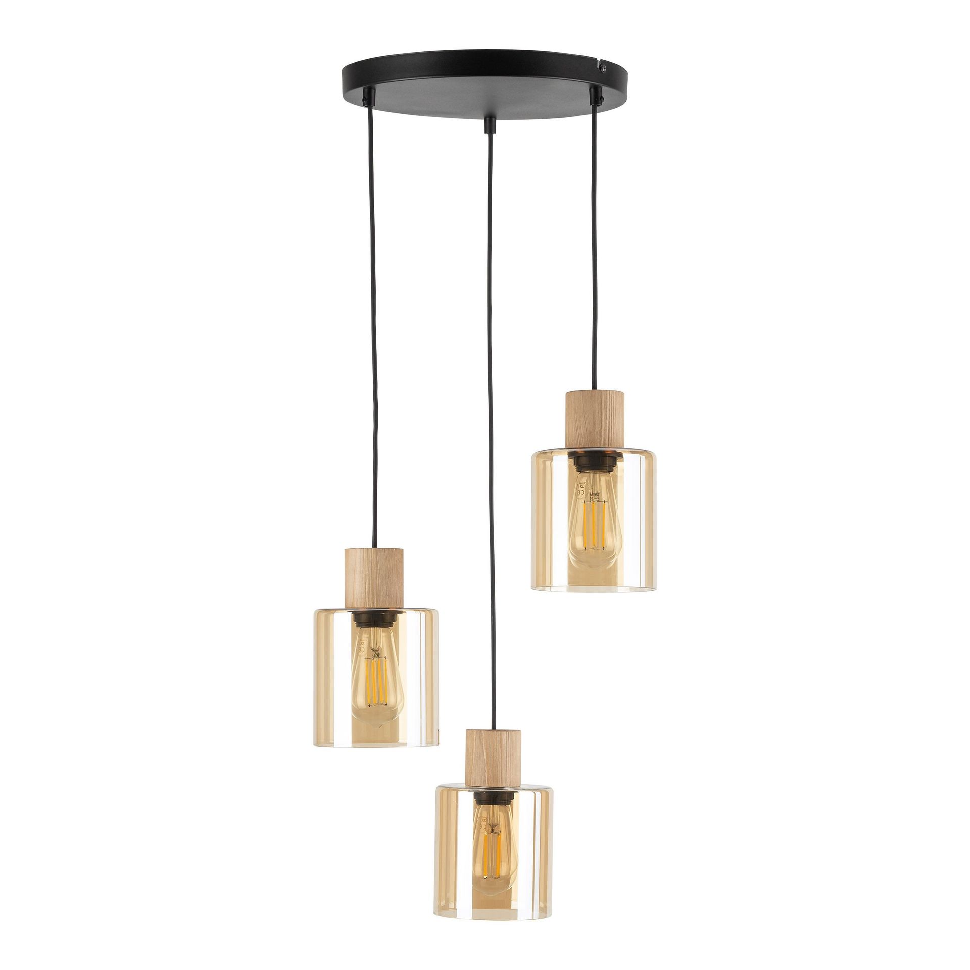 Lampa Wisząca Orson 5749 3Xe27 Bursztynowa/Czarna/Drewniana