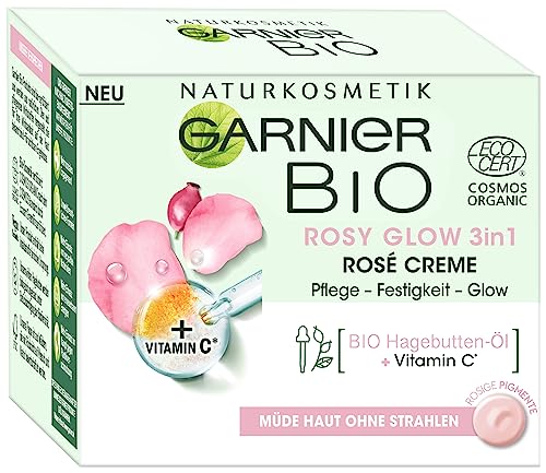 Garnier Garnier Bio Rosy Glow krem do twarzy dla zmęczonej skóry, dla młodzieńczego blasku, pielęgnacji i jędrności, z ekologicznym olejkiem z dzikiej róży i witaminą C, Garnier Bio Rosy Glow 3 w 1,